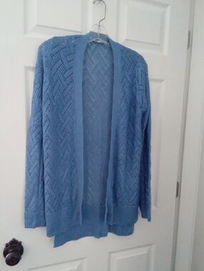 Cyrus Women's Sky Blue Open-Front Pointelle Knit Cardigan Medium